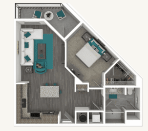 Floor plan for 1 bed, 1 bath, 736 sqft